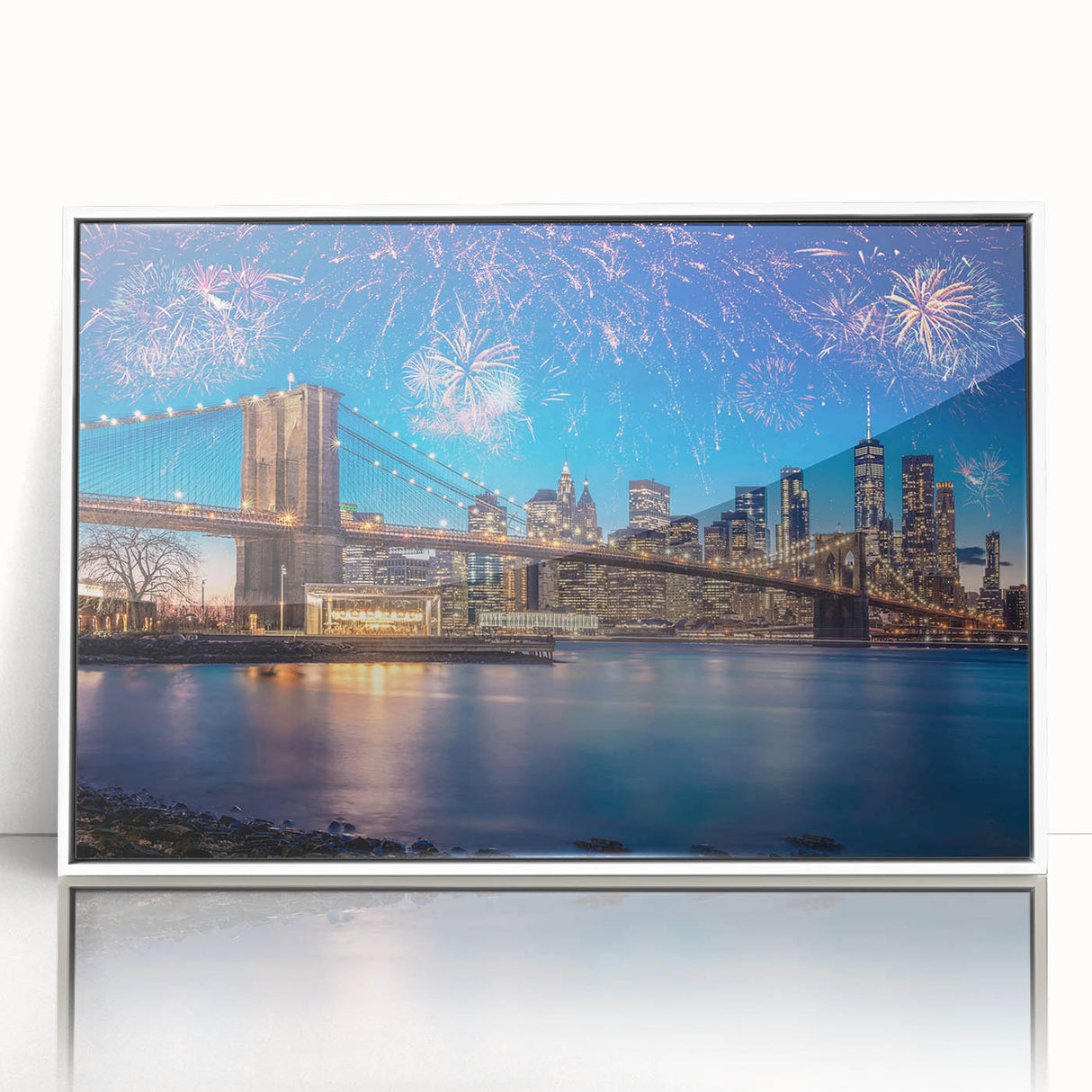 Acrylic print of Brooklyn Bridge in monochrome tones, framed in white, suitable for modern art wall decor or nursery.