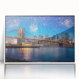 Acrylic print of Brooklyn Bridge in monochrome tones, framed in white, suitable for modern art wall decor or nursery.