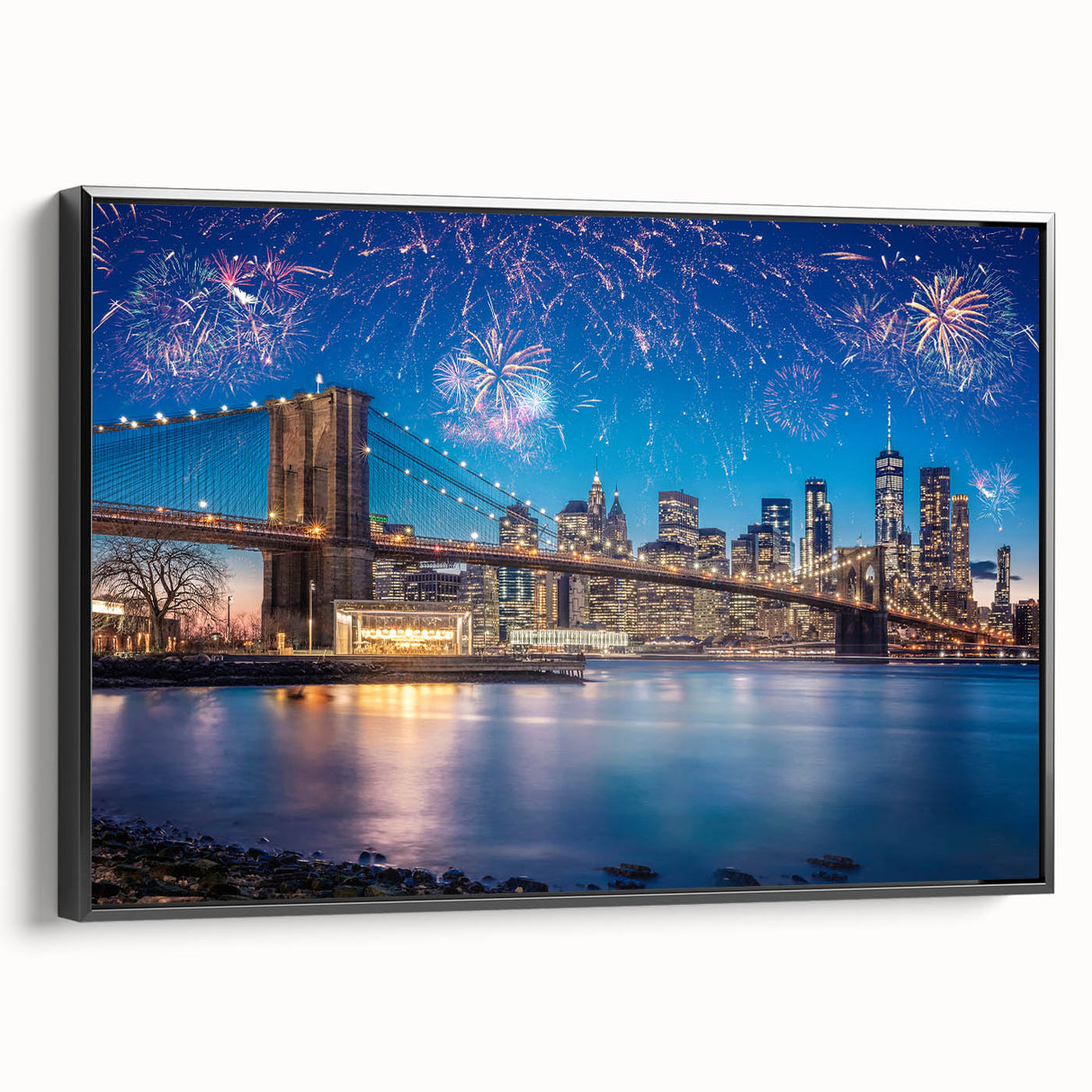 Black and white framed canvas of Brooklyn Bridge with vintage poster art style, ideal for bedroom wall decor.