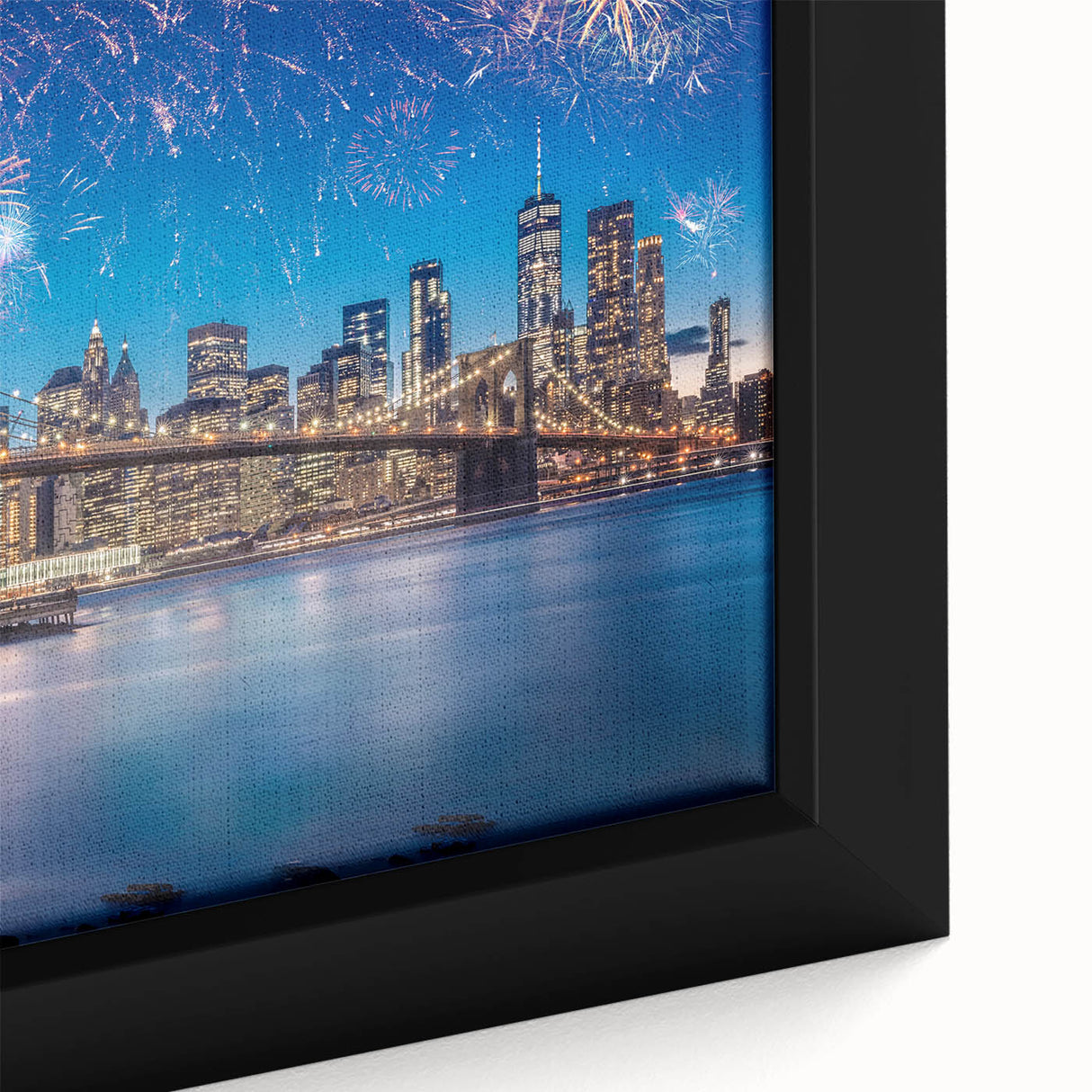 Black wall art featuring a textured depiction of the Brooklyn Bridge with colorful accents on a framed canvas.
