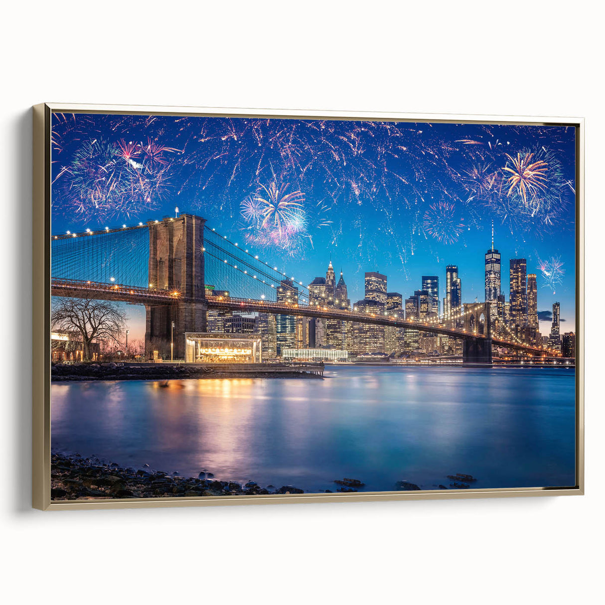 Framed canvas of Brooklyn Bridge in black and gold tones, vintage style, ideal for bedroom wall art.