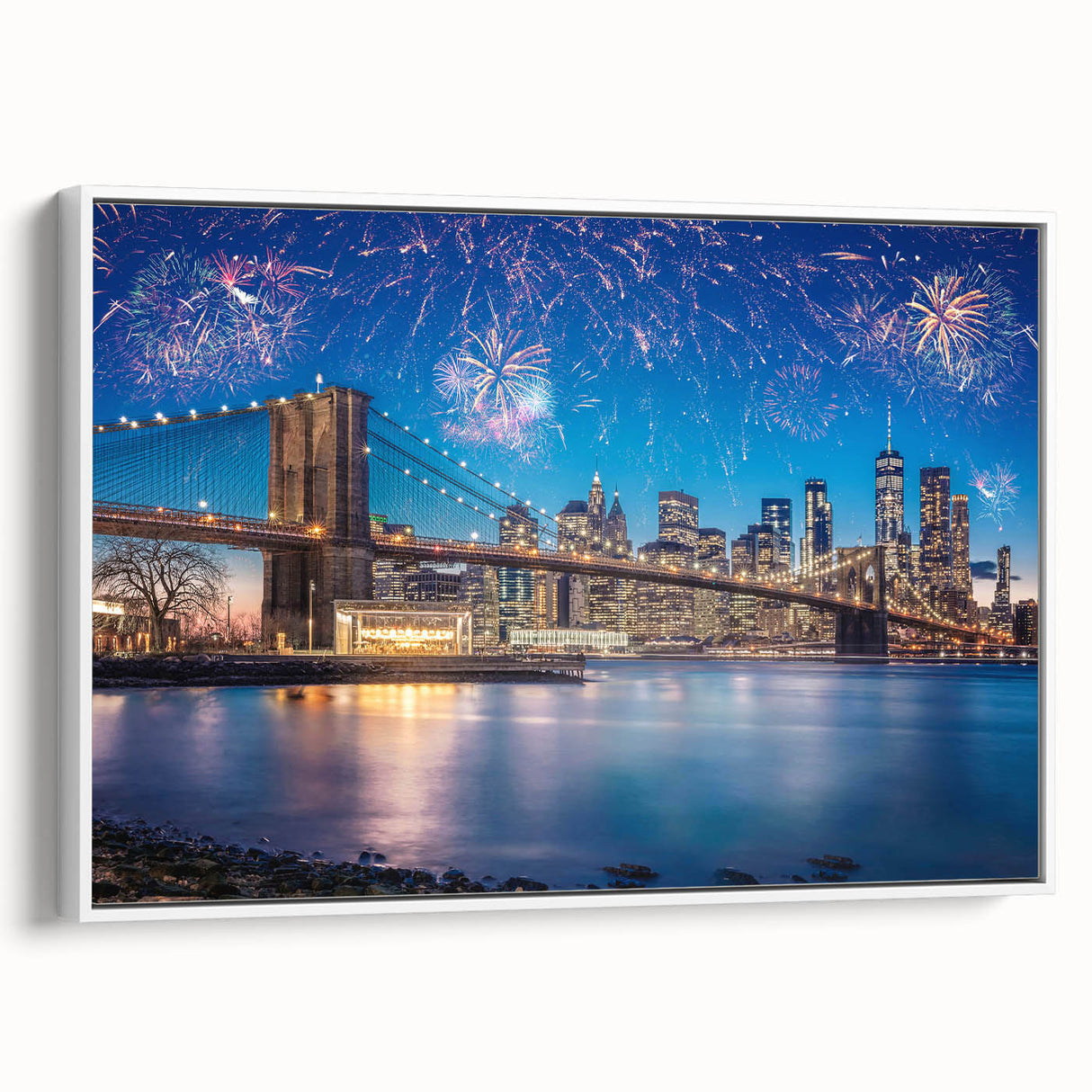 Vintage poster art of Brooklyn Bridge in muted black and white tones on framed canvas, ideal for living room decor.