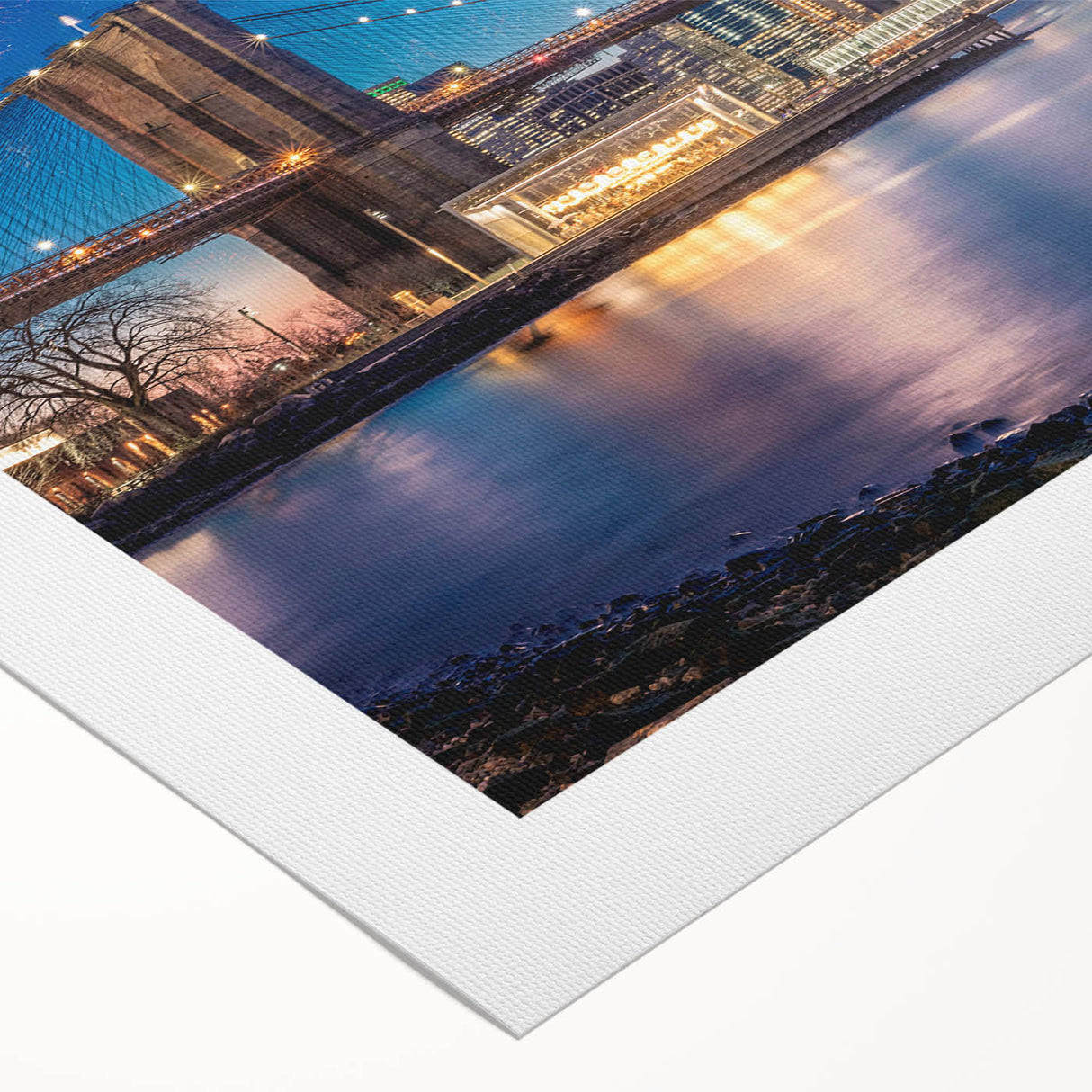 Art Deco poster of the Brooklyn Bridge in monochrome tones on rolled canvas, suitable for dining room decor.