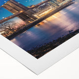 Art Deco poster of the Brooklyn Bridge in monochrome tones on rolled canvas, suitable for dining room decor.