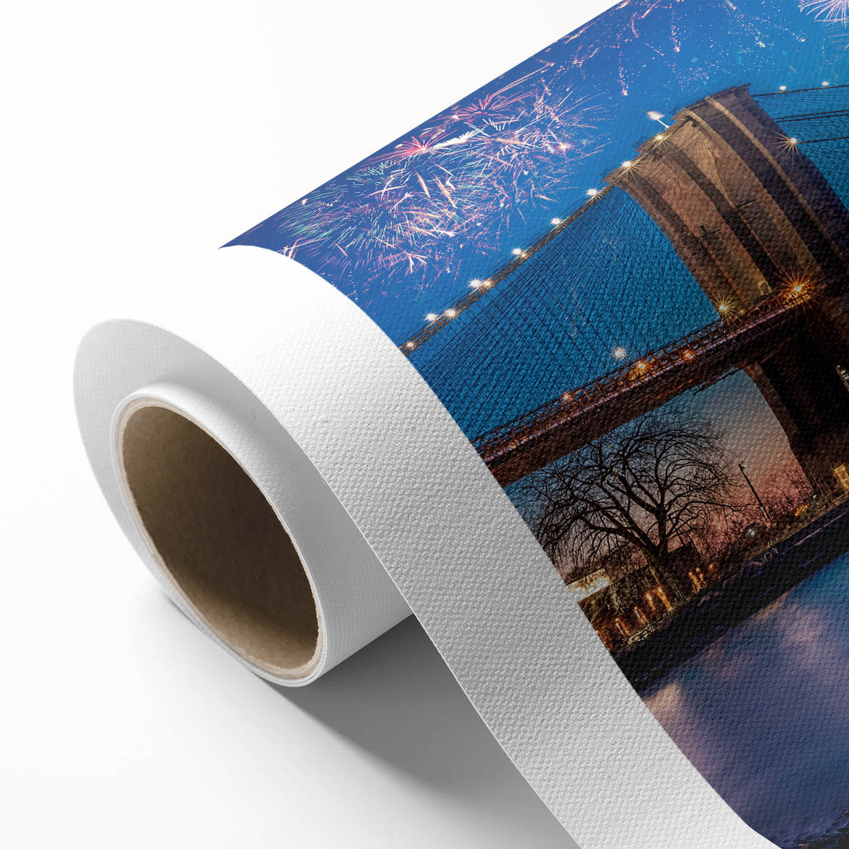 Art Deco style poster of the Brooklyn Bridge in monochrome tones on rolled canvas, suitable for dining room wall art.