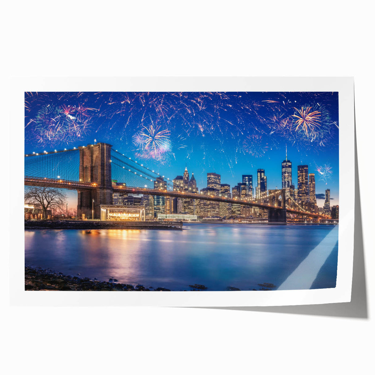 Rolled print of Brooklyn Bridge with muted gray and blue tones, ideal for art wall dining room.