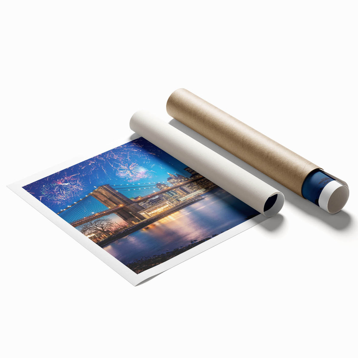 Black and white photograph of the Brooklyn Bridge on rolled canvas, ideal for classy bathroom wall art.