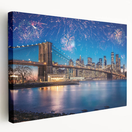 Side view of a large Brooklyn Bridge canvas art in muted grays and blues, ideal for kitchen wall decor.