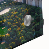 Acrylic print of Central Park with muted green and brown tones in a mid-century modernist style, ideal for dining room art.