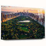 Acrylic print of Central Park in muted green and brown tones, suitable for bedroom or dining room decor.
