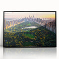 Large abstract wall art of Central Park in muted green and brown tones, framed in black acrylic.
