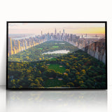 Large abstract wall art of Central Park in muted green and brown tones, framed in black acrylic.