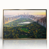 Framed acrylic print of Central Park with a gold frame, featuring mid-century modernist style.