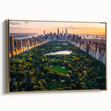 Framed canvas of Central Park landscape in vintage poster style with muted green and gold tones, ideal for bedroom wall art.