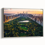 Framed canvas of a vintage-style landscape painting depicting Central Park in muted greens and browns.