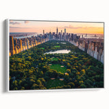 Vintage poster art of Central Park with vibrant green and blue tones on framed canvas, ideal for living room decor.