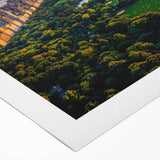 Art deco poster of Central Park with muted green and brown tones on rolled canvas, suitable for dining room wall art.