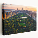 Large stretched canvas depicting Central Park in muted green and brown tones, suitable for kitchen wall art.