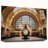 Large abstract depiction of NYC's Grand Central in muted gray tones on acrylic glass, ideal for bedroom or dining room art.