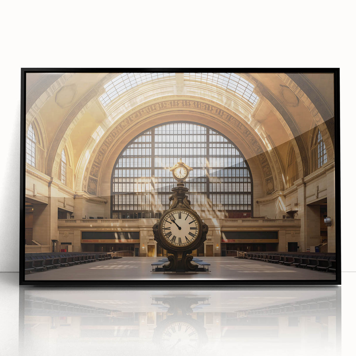 Large abstract wall art depicting NYC's Grand Central in muted gray tones, framed in black acrylic.