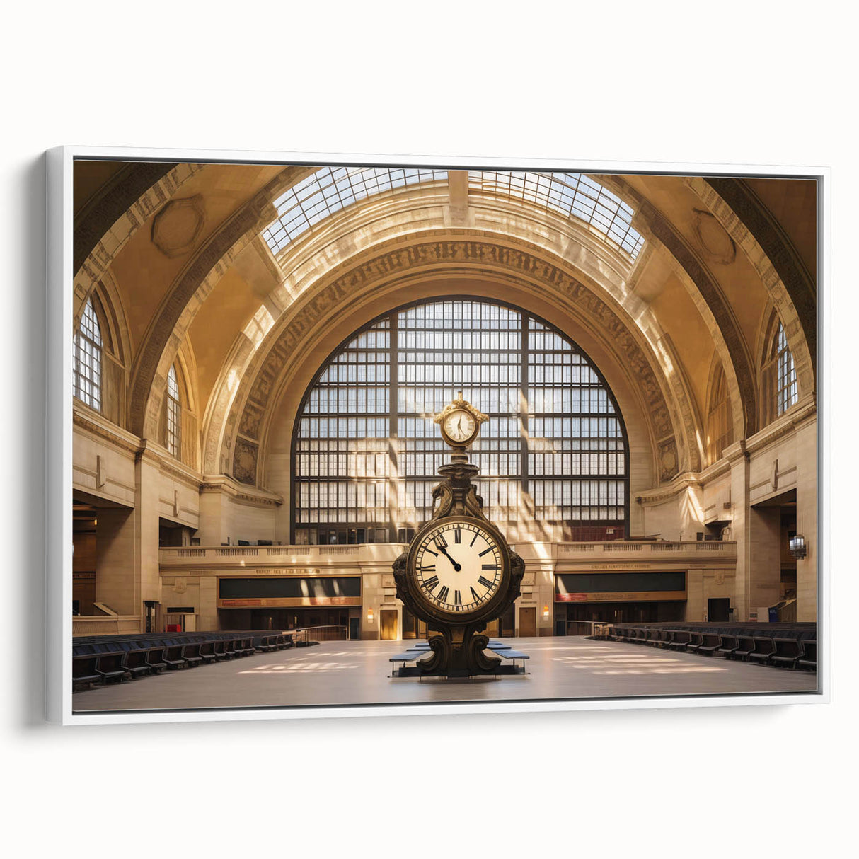 Vintage poster art of NYC Grand Central in colorful hues on a large framed canvas, ideal for living room decor.