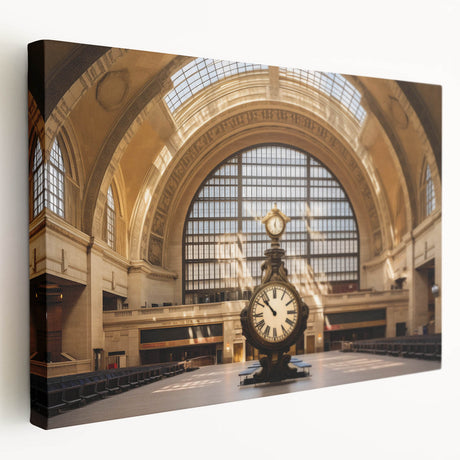Side view of a large stretched canvas featuring a detailed illustration of Grand Central Station in muted gray and blue…