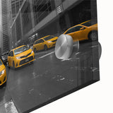 Large abstract depiction of Manhattan in muted gray and blue tones on an acrylic glass, ideal for dining room art.