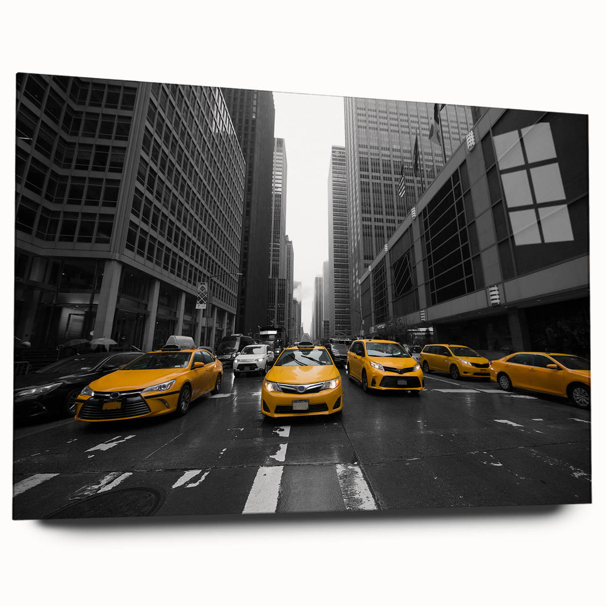 Large abstract depiction of Manhattan skyline in muted blue and gray tones on acrylic glass.