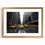 Extra large abstract art print of Manhattan skyline in textured gold frame, ideal for living room decor.