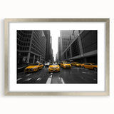 Textured abstract art print of Manhattan skyline in muted gray tones on a framed silver mat, suitable for bedroom decor.