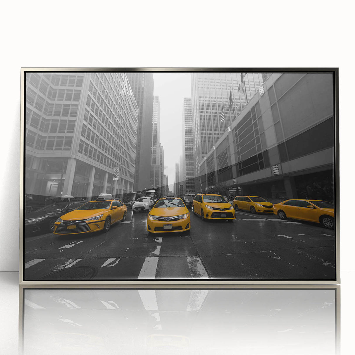 Mid-century modernist art of Manhattan skyline in muted gray and blue tones, silver-framed acrylic print.