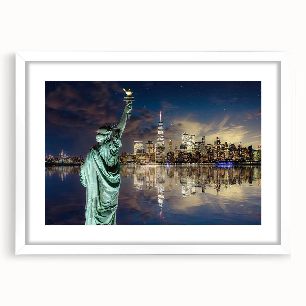Abstract art print of the Statue of Liberty in muted green and beige, framed in white, ideal for dining room decor.