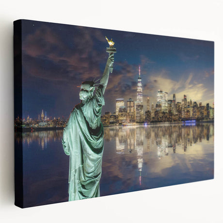 Large canvas print of the Statue of Liberty in muted green and blue tones, suitable for kitchen wall art.