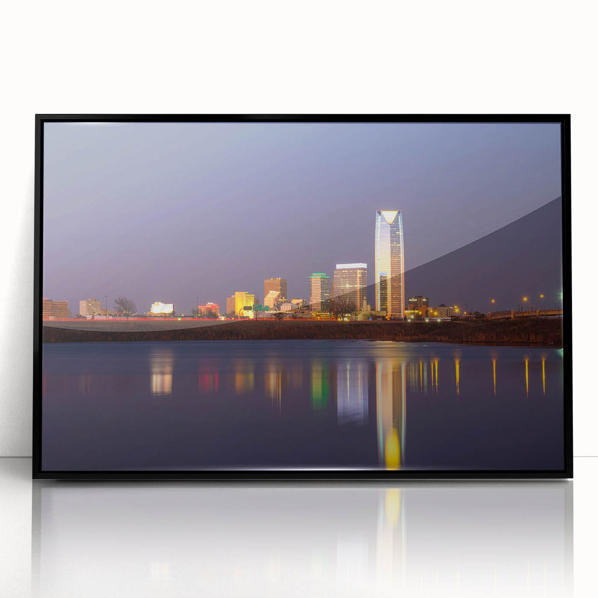 Large abstract wall art featuring vibrant colors in a mid-century modernist style, framed in black acrylic.