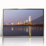 Mid-century modernist art depicting Oklahoma scenery in acrylic, framed in silver, suitable for nursery wall art.