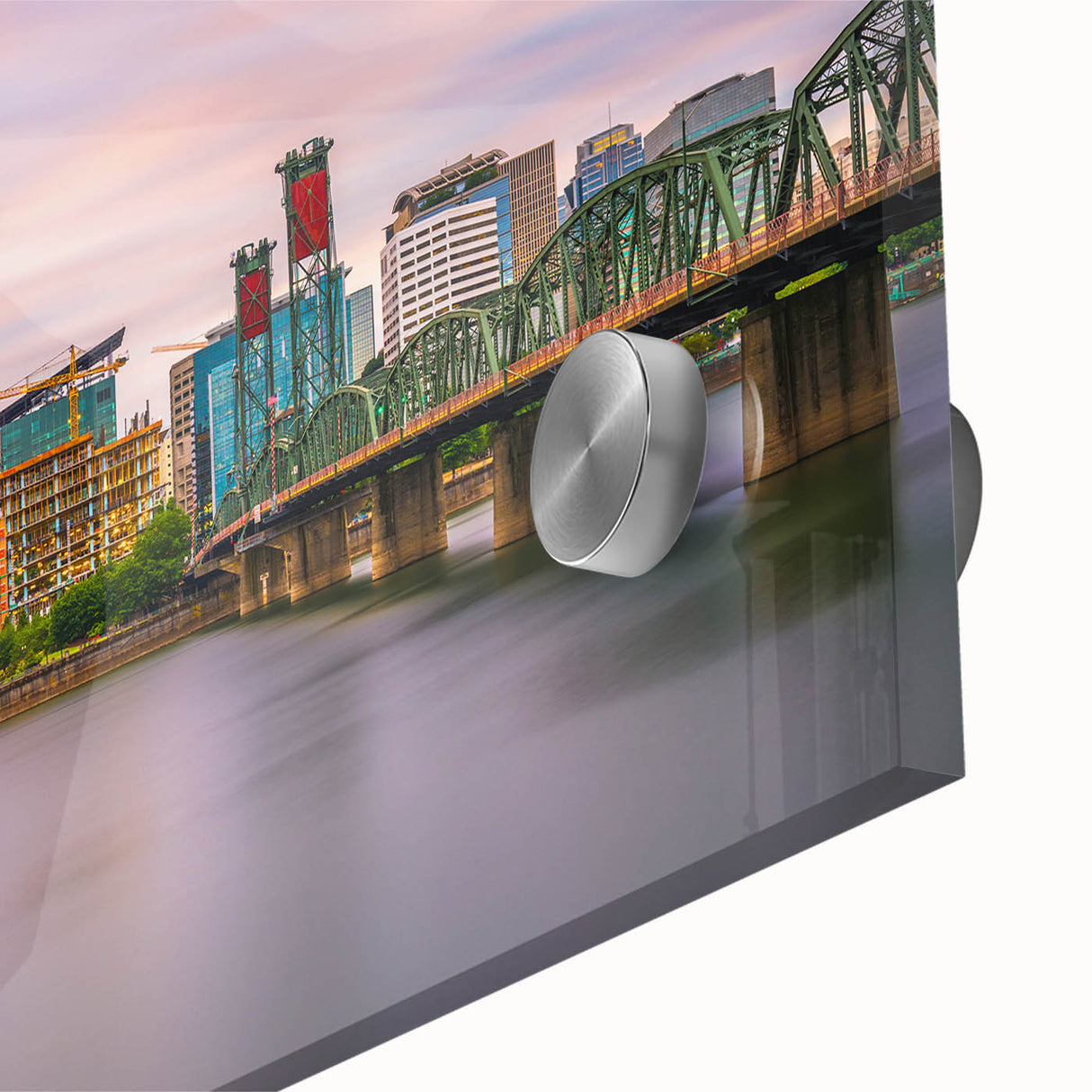 Large abstract wall art depicting the Portland, Oregon skyline in muted gray and blue tones on acrylic glass.