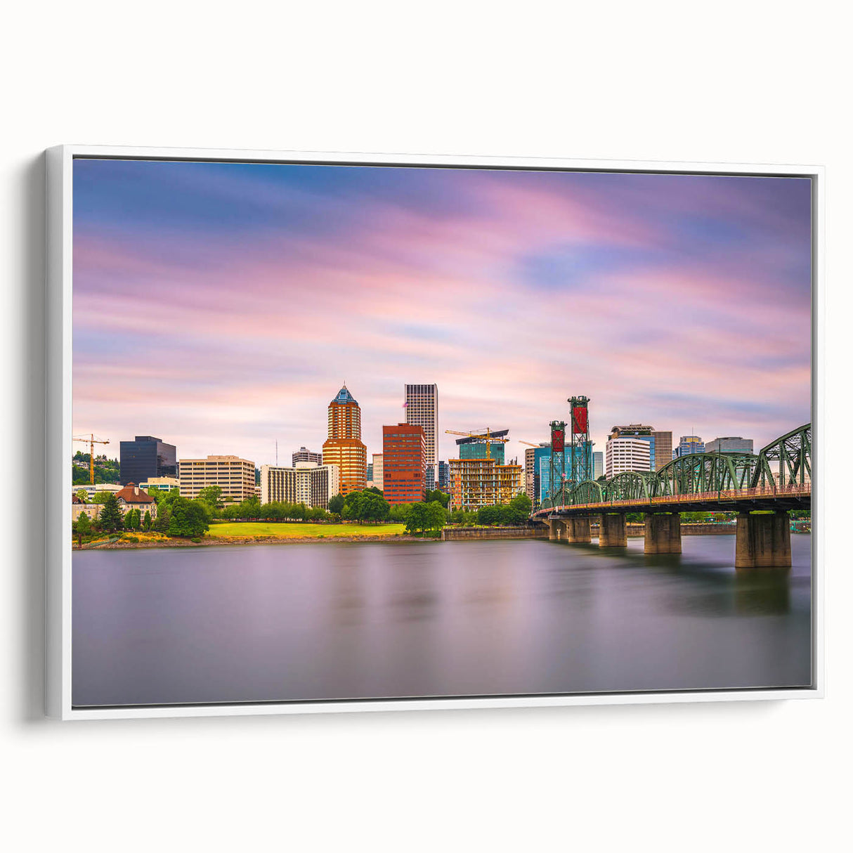 Vintage poster art of Portland, Oregon, on extra large framed canvas with vibrant colors, ideal for living room decor.