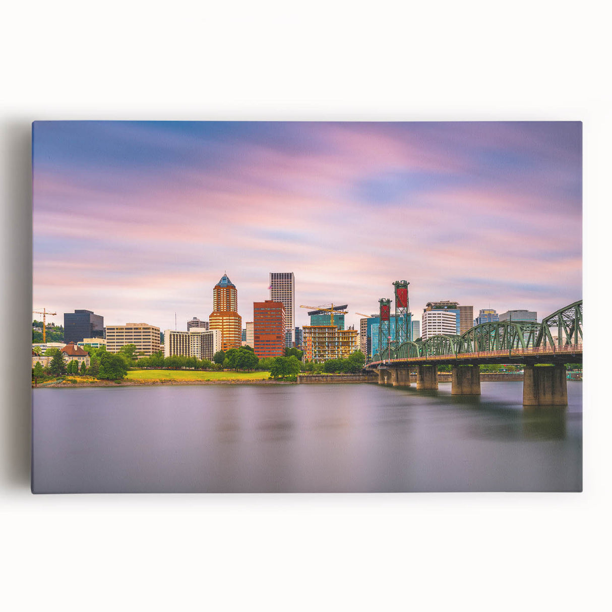 Black and white photo of Portland, Oregon skyline on large stretched canvas, suitable for kitchen wall art.