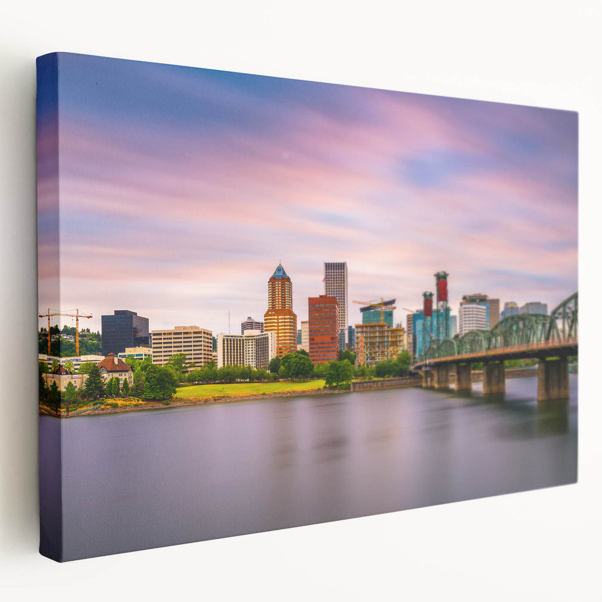 Side view of a stretched canvas depicting a serene Portland, Oregon landscape in muted green and blue tones.