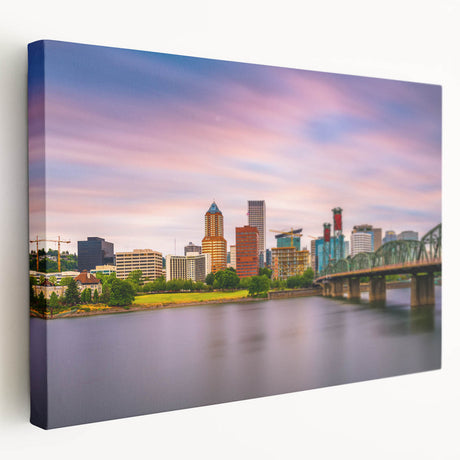 Side view of a stretched canvas depicting a serene Portland, Oregon landscape in muted green and blue tones.