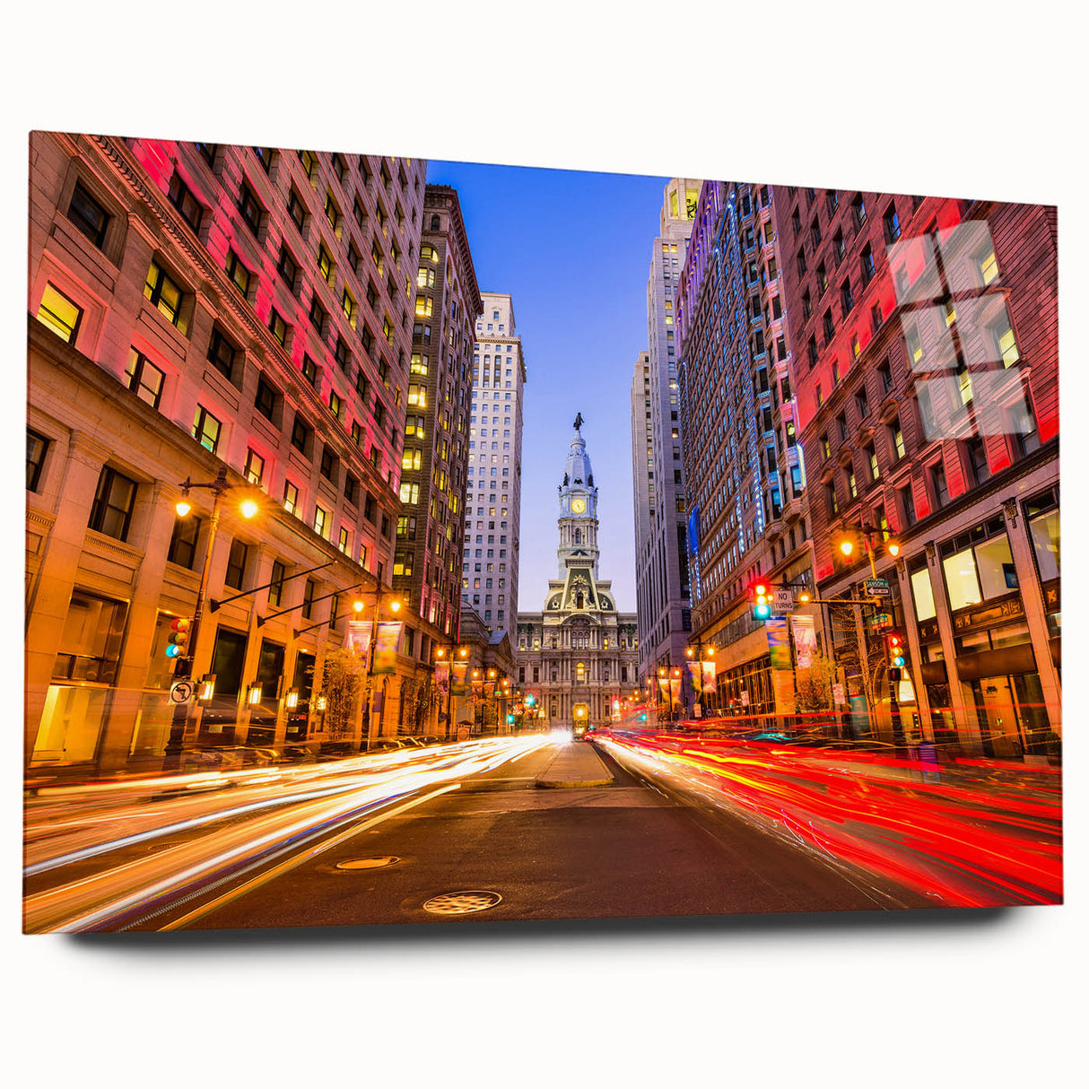 Large abstract wall art of Philadelphia skyline in muted gray tones on acrylic glass, ideal for bedroom or dining room decor.