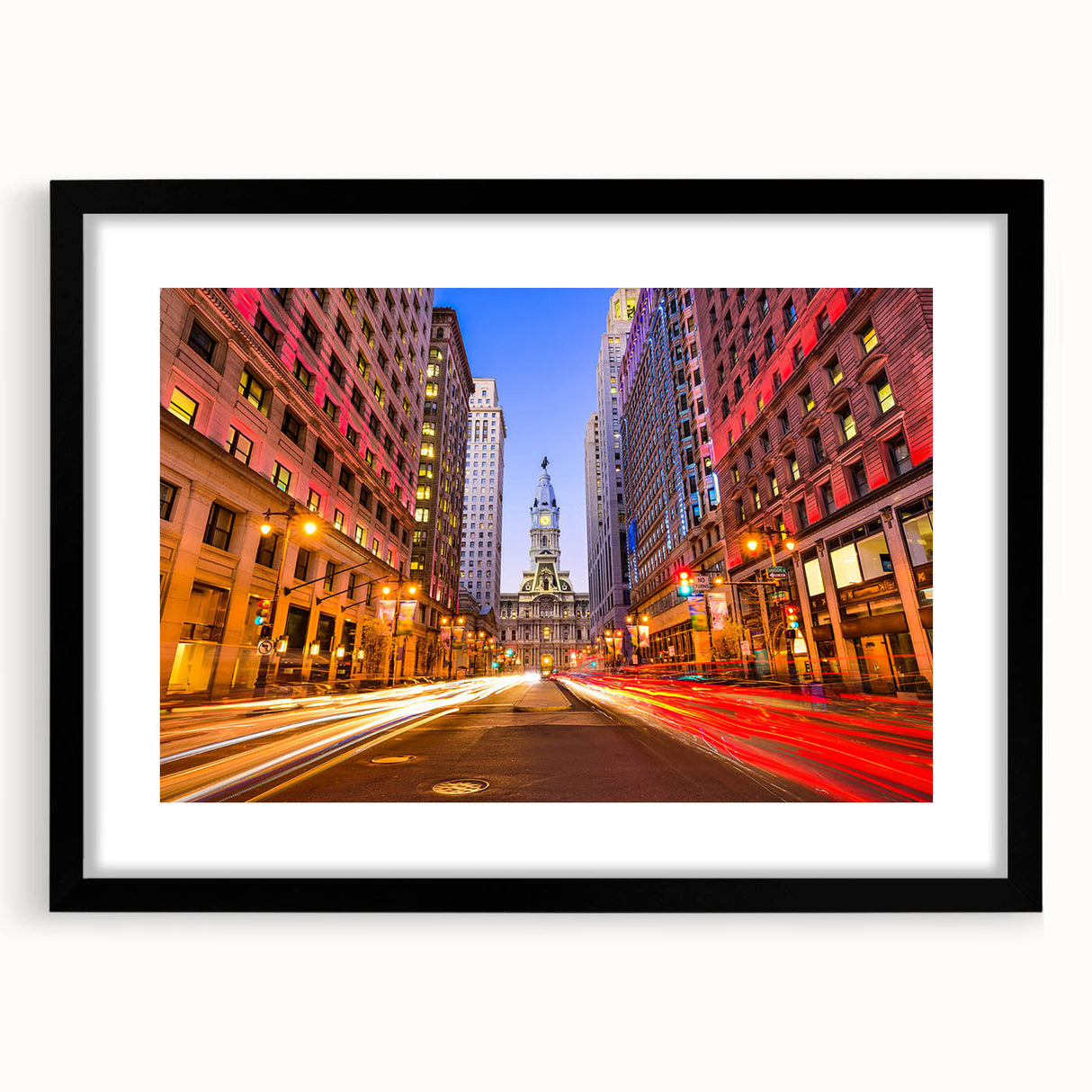 Abstract art print of Philadelphia skyline in vibrant colors on a large textured canvas, ideal for living room decor.