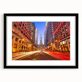 Abstract art print of Philadelphia skyline in vibrant colors on a large textured canvas, ideal for living room decor.