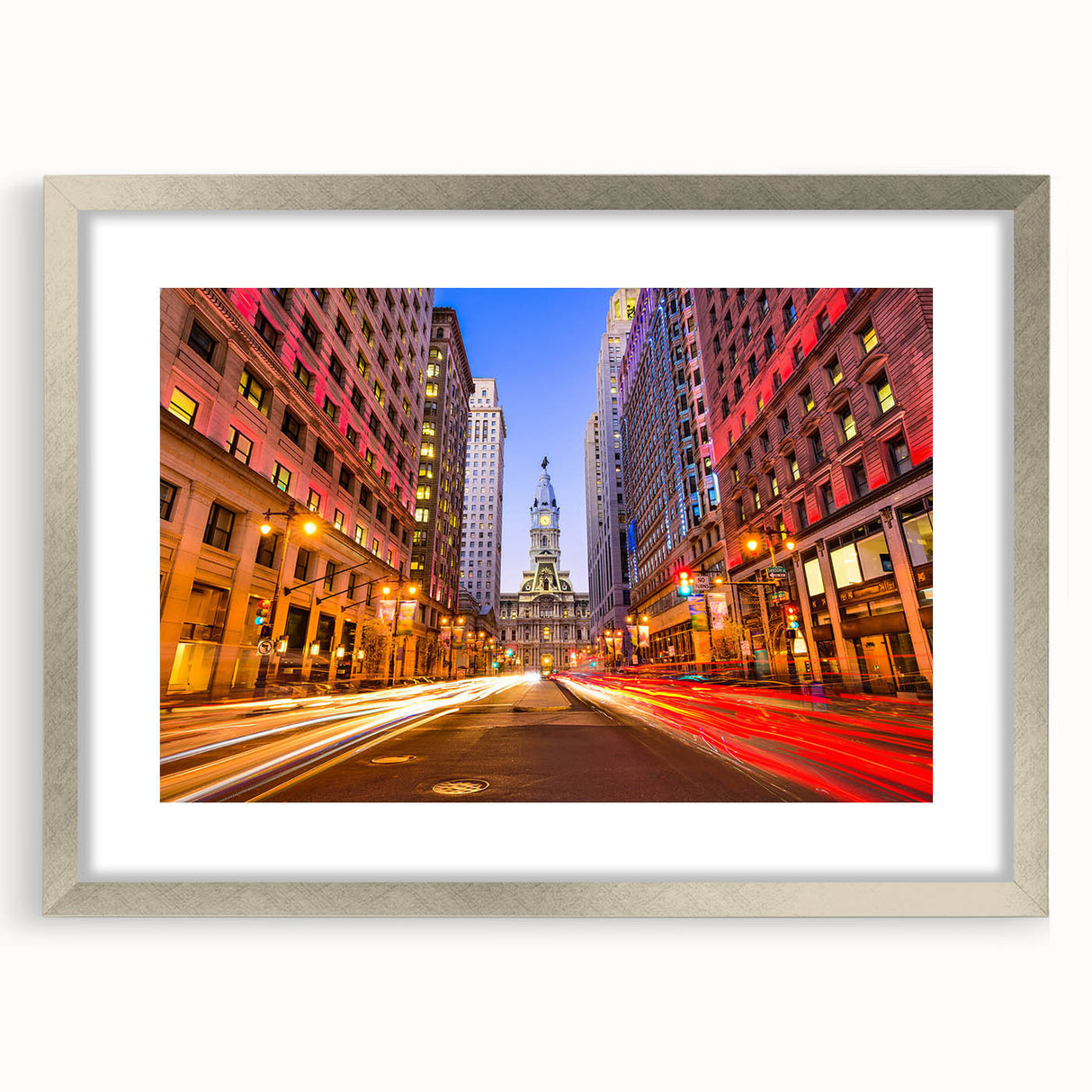 Textured abstract art print of Philadelphia skyline in muted gray tones on a silver-framed canvas, suitable for bedroom art.