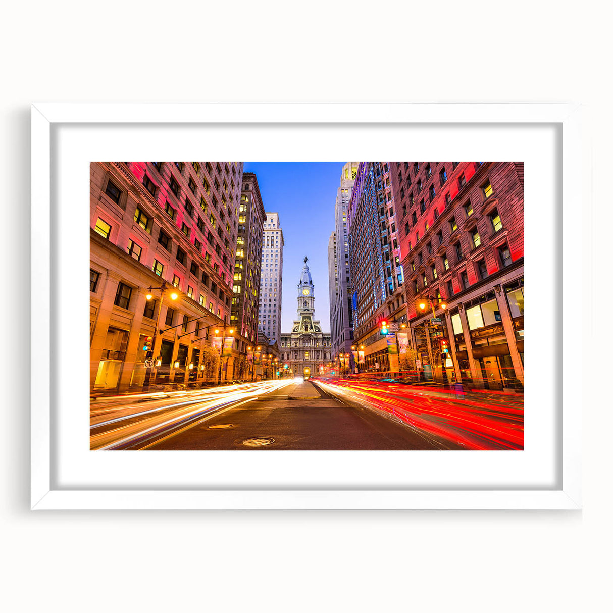 Abstract art print of Philadelphia skyline in muted blue and gray tones on a framed white mat, ideal for dining room decor.
