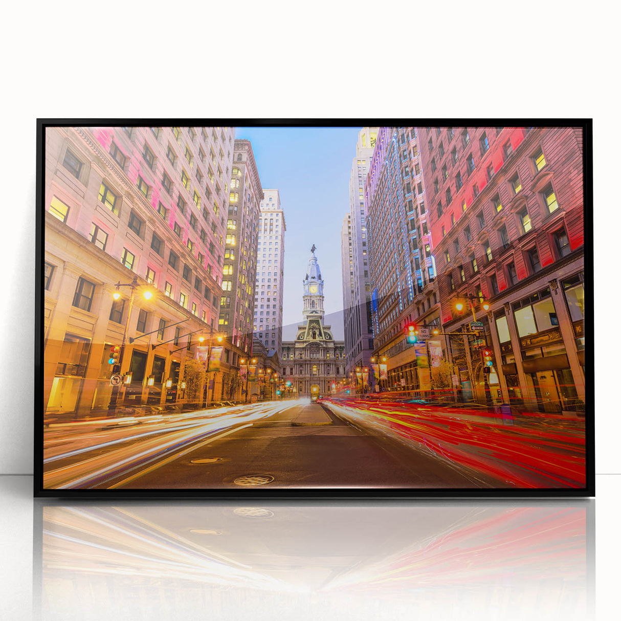 Large abstract wall art depicting the Philadelphia skyline in muted blue and gray tones, framed in black acrylic.