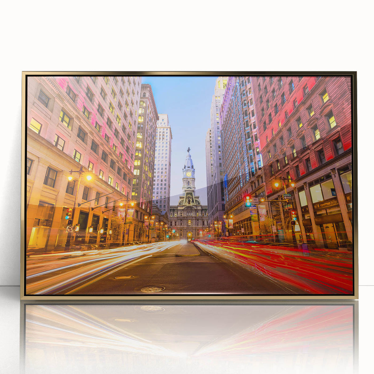 Mid-century modernist art of Philadelphia skyline in gold and blue tones, acrylic framed print.