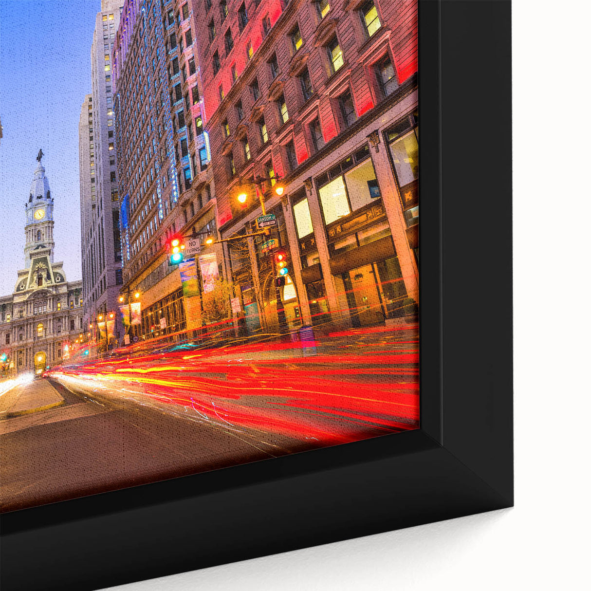 Textured black wall art featuring a colorful Philadelphia skyline on a framed canvas, ideal for living room decor.