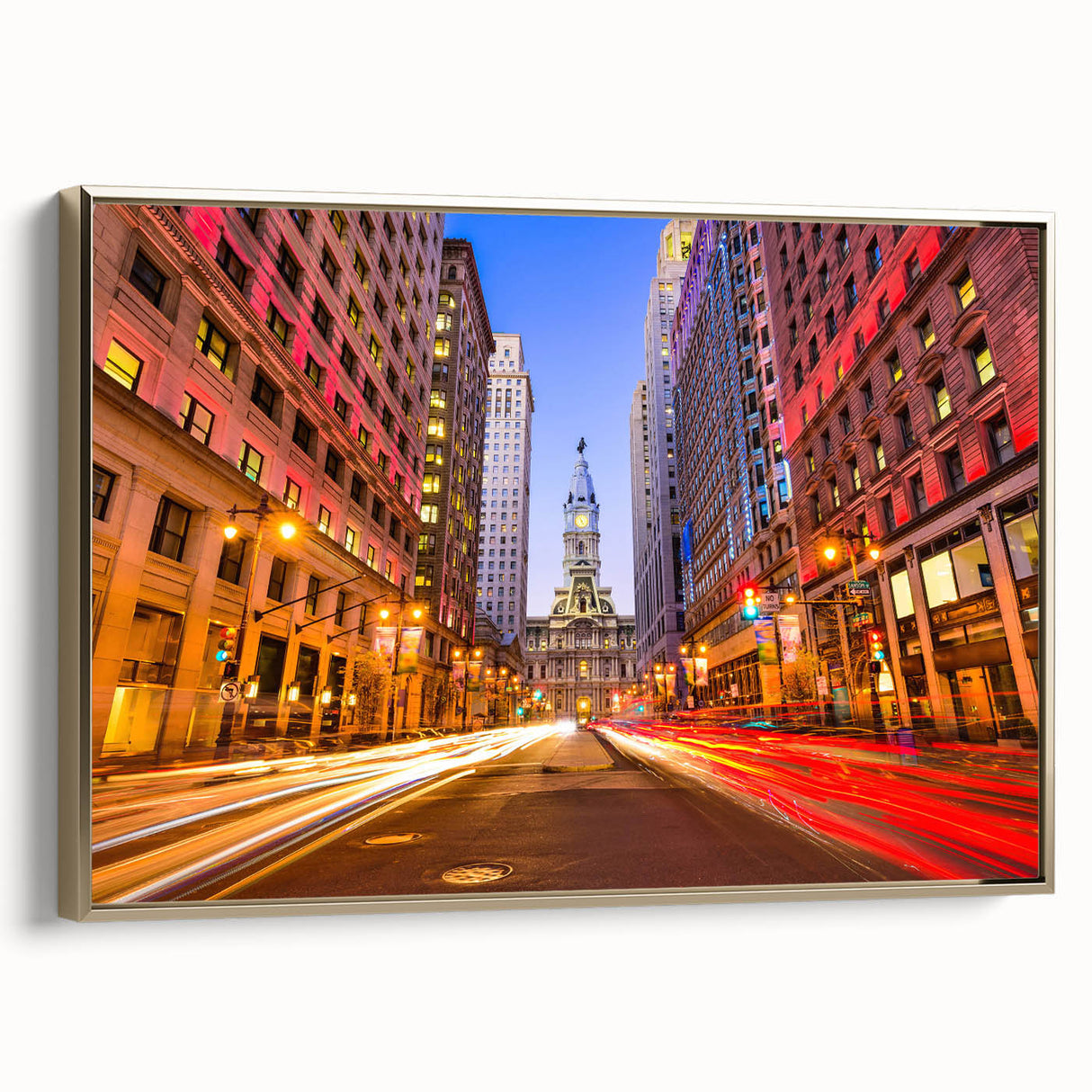 Framed canvas of Philadelphia landscape in muted gold and black, ideal for bedroom wall art.
