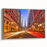 Framed canvas of a vintage-style Philadelphia landscape with colorful art and black accents, ideal for office decor.